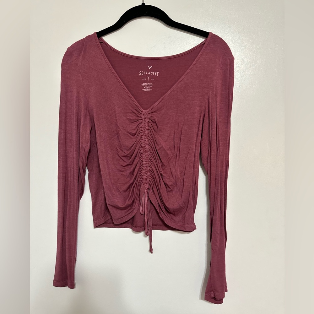 American Eagle Outfitters Ruched Long Sleeve Top - Mauve